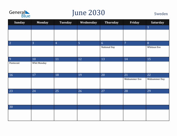 June 2030 Sweden Calendar (Sunday Start)