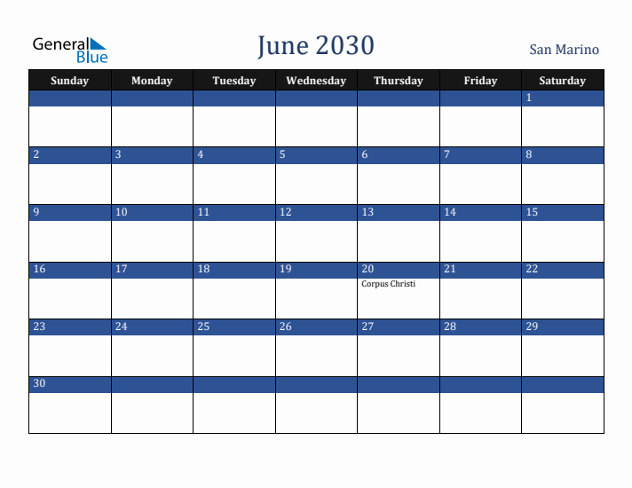June 2030 San Marino Calendar (Sunday Start)