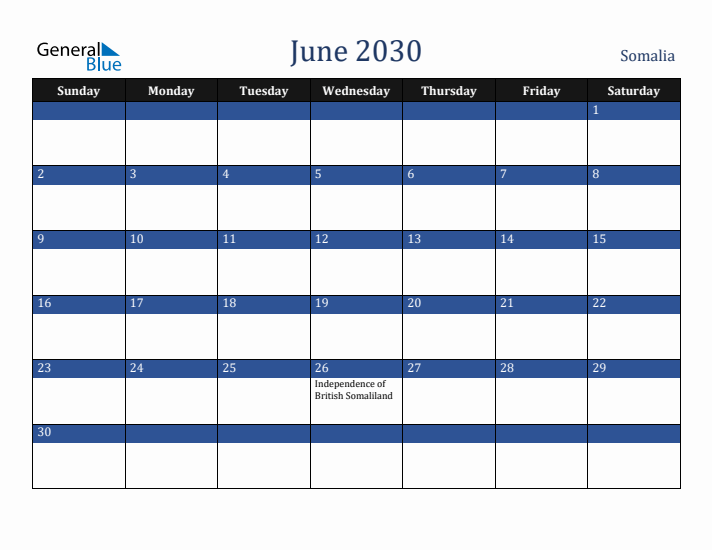 June 2030 Somalia Calendar (Sunday Start)