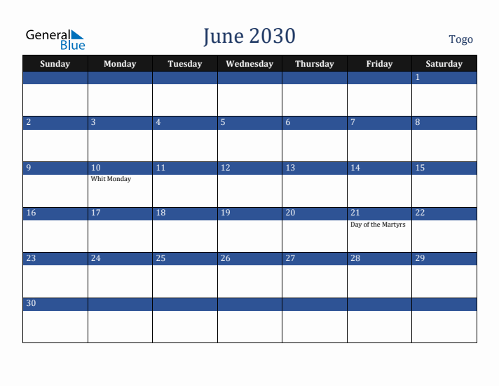 June 2030 Togo Calendar (Sunday Start)