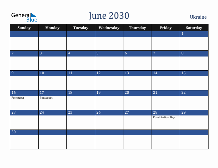 June 2030 Ukraine Calendar (Sunday Start)