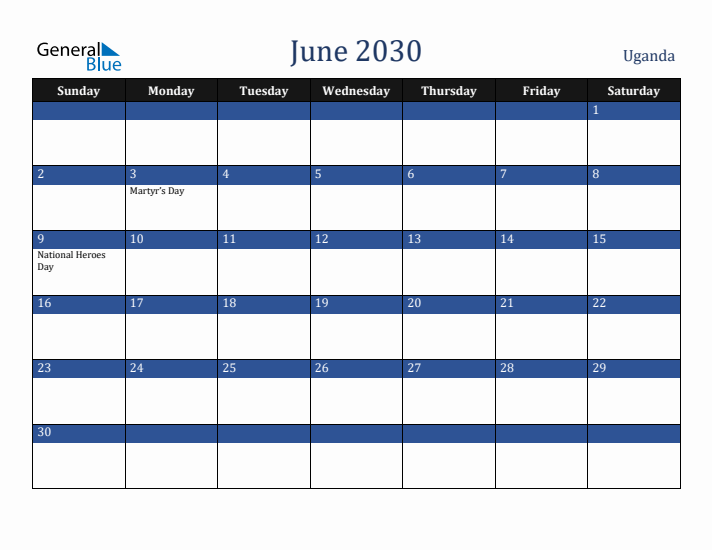 June 2030 Uganda Calendar (Sunday Start)