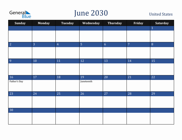 June 2030 United States Calendar (Sunday Start)