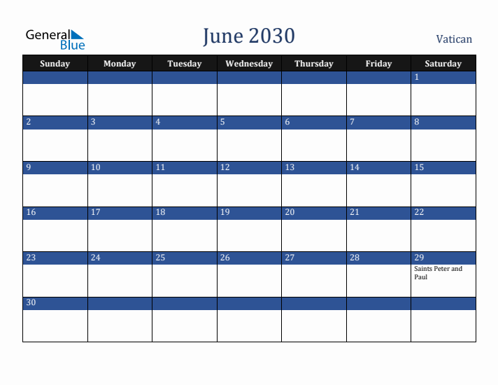 June 2030 Vatican Calendar (Sunday Start)