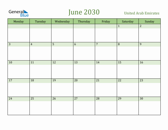 June 2030 Calendar with United Arab Emirates Holidays