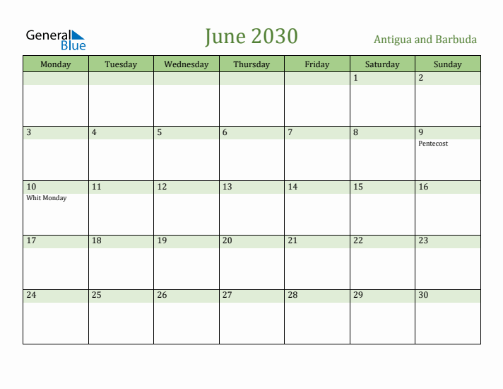 June 2030 Calendar with Antigua and Barbuda Holidays