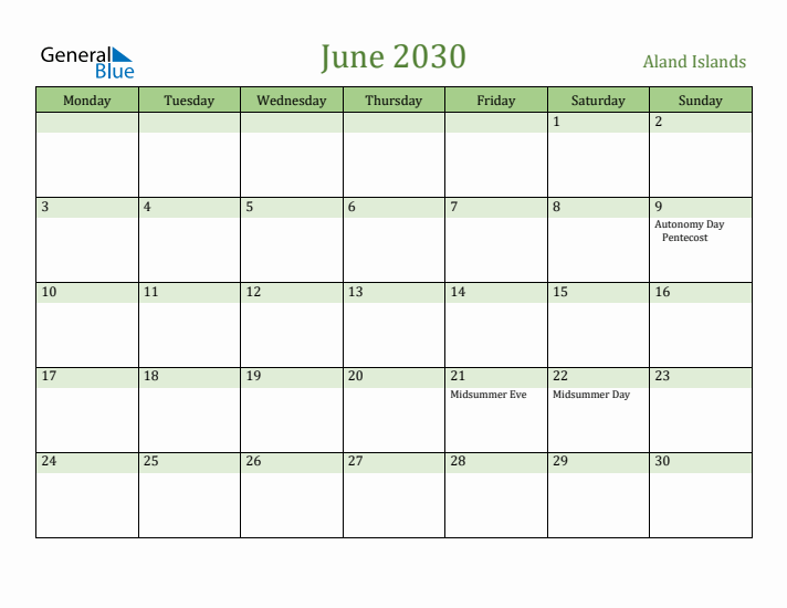 June 2030 Calendar with Aland Islands Holidays