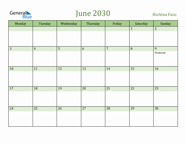 June 2030 Calendar with Burkina Faso Holidays