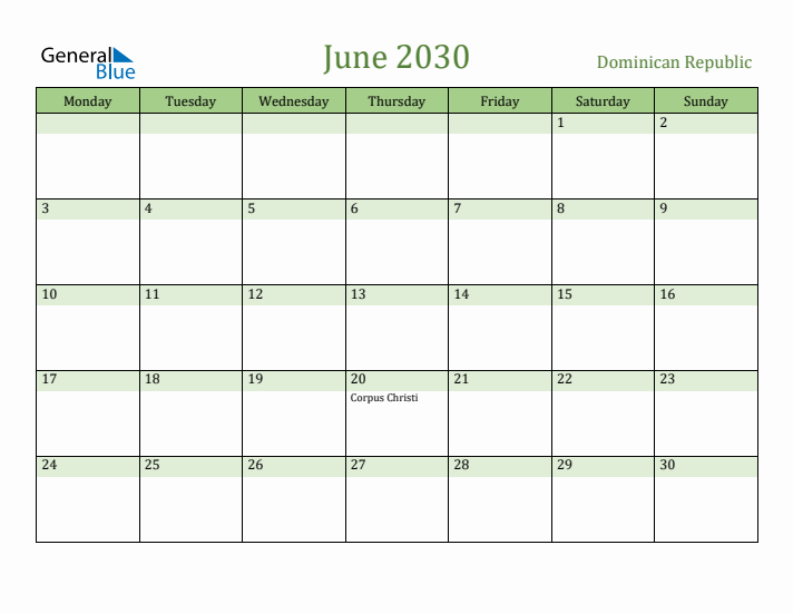 June 2030 Calendar with Dominican Republic Holidays