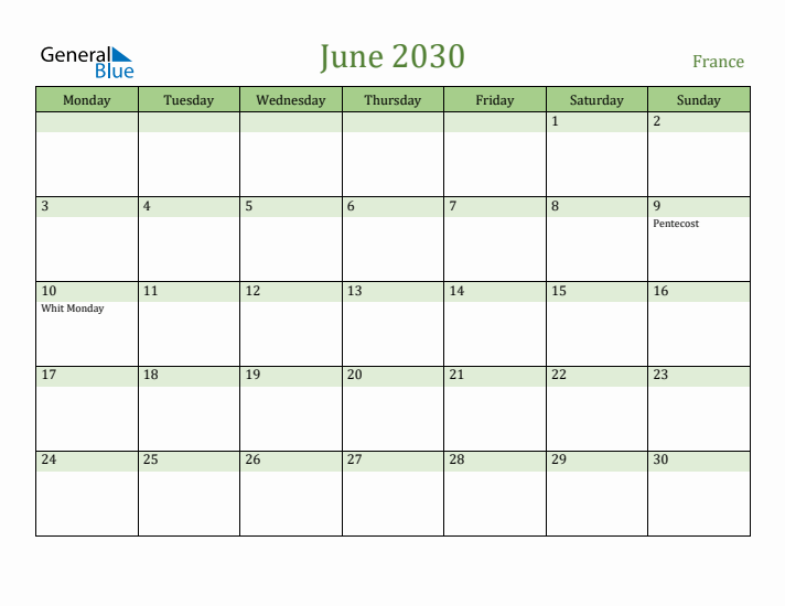June 2030 Calendar with France Holidays