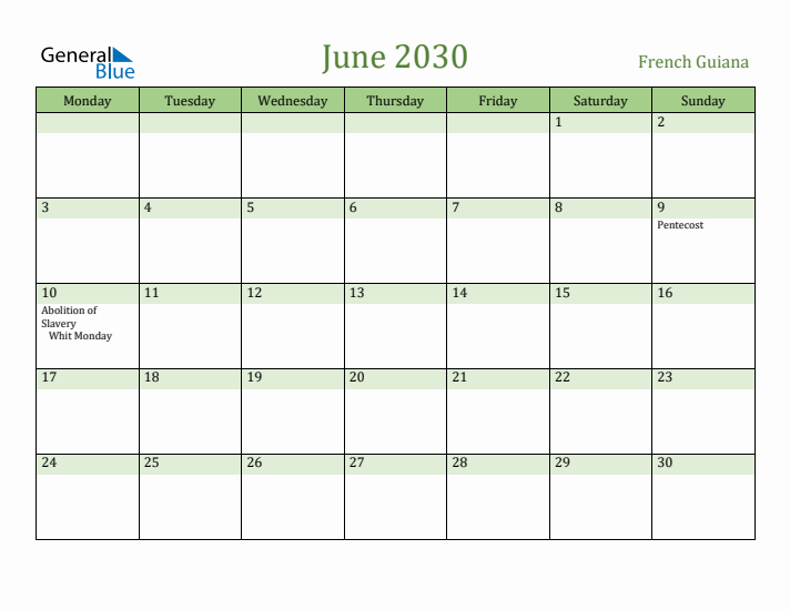 June 2030 Calendar with French Guiana Holidays