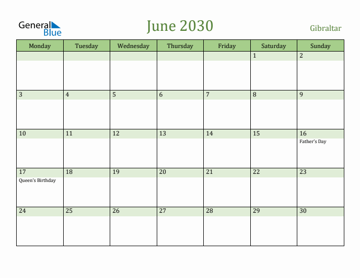 June 2030 Calendar with Gibraltar Holidays