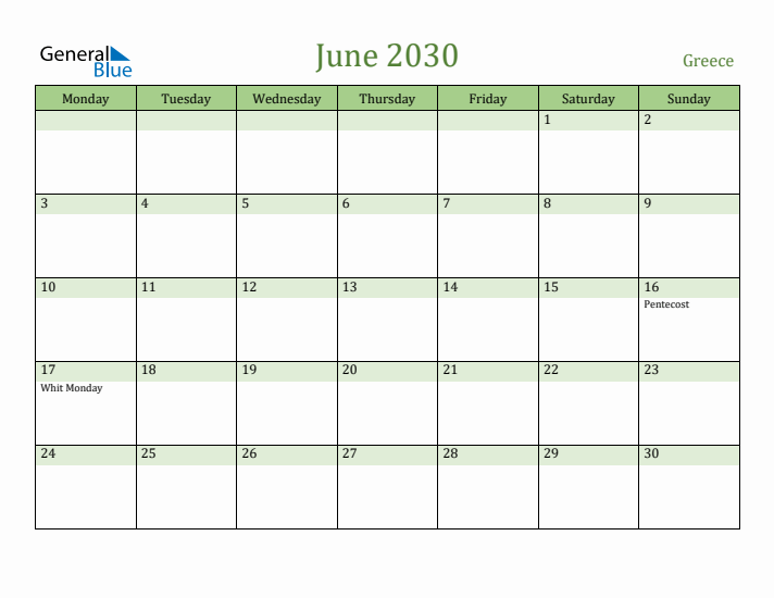 June 2030 Calendar with Greece Holidays