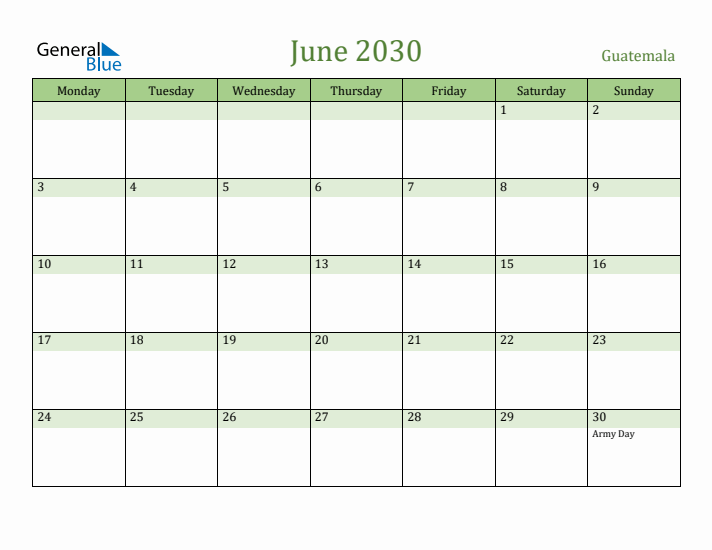 June 2030 Calendar with Guatemala Holidays