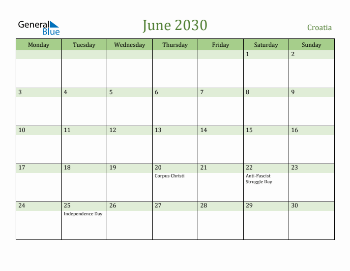 June 2030 Calendar with Croatia Holidays
