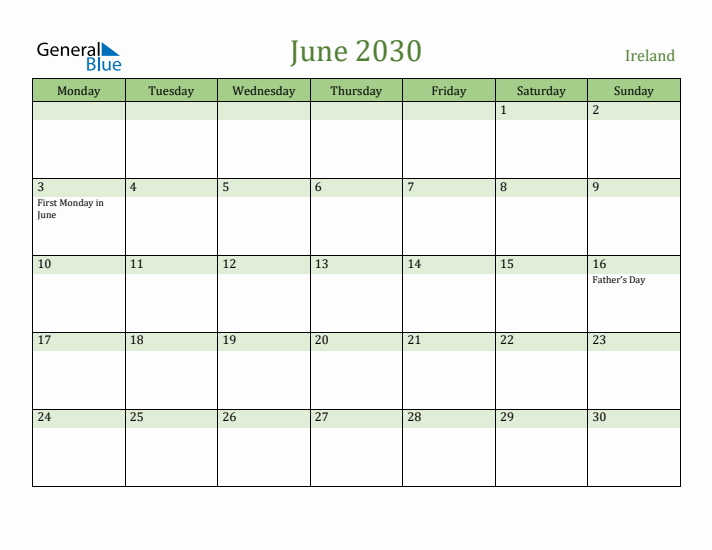 June 2030 Calendar with Ireland Holidays