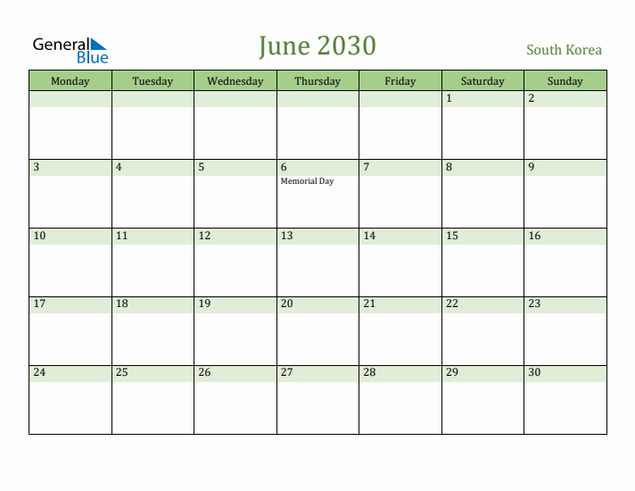 June 2030 Calendar with South Korea Holidays