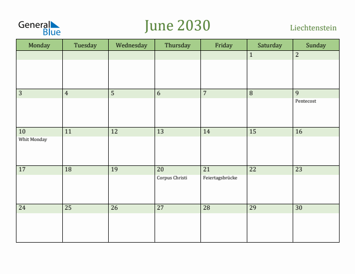 June 2030 Calendar with Liechtenstein Holidays