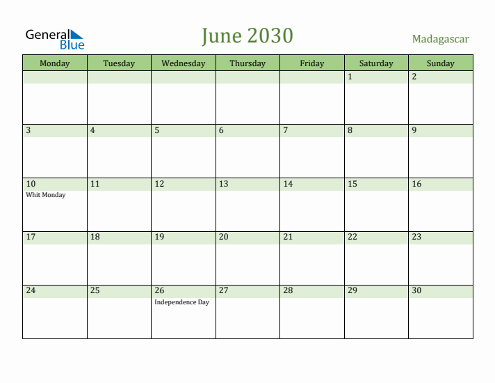 June 2030 Calendar with Madagascar Holidays