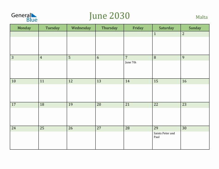June 2030 Calendar with Malta Holidays
