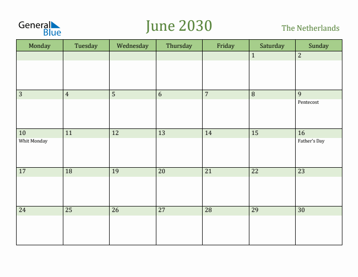 June 2030 Calendar with The Netherlands Holidays