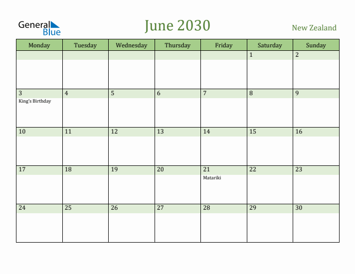 June 2030 Calendar with New Zealand Holidays