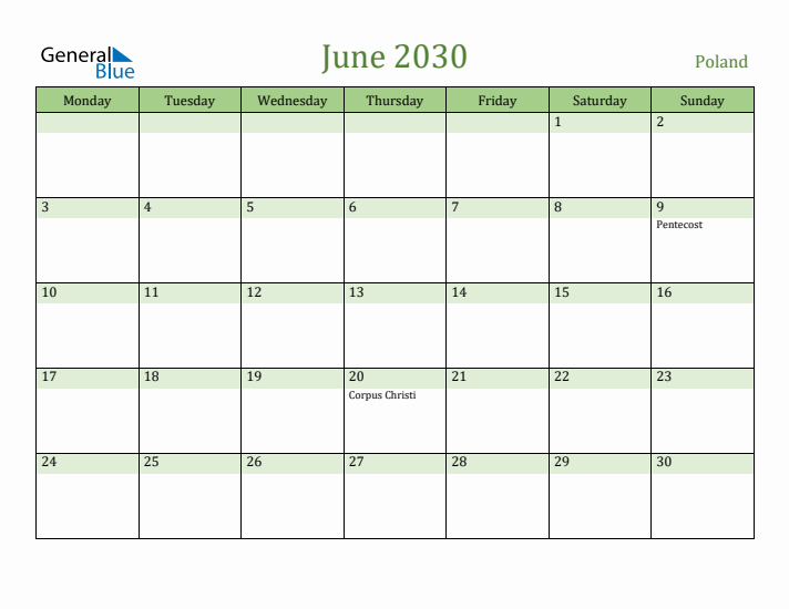 June 2030 Calendar with Poland Holidays