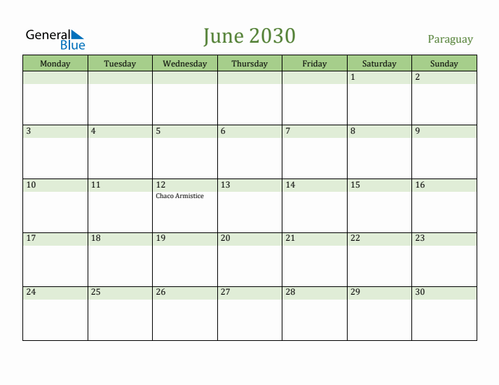 June 2030 Calendar with Paraguay Holidays