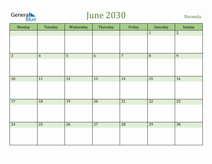 June 2030 Calendar with Rwanda Holidays