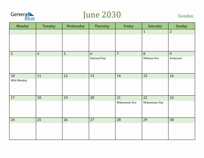 June 2030 Calendar with Sweden Holidays