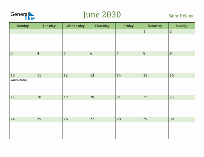 June 2030 Calendar with Saint Helena Holidays
