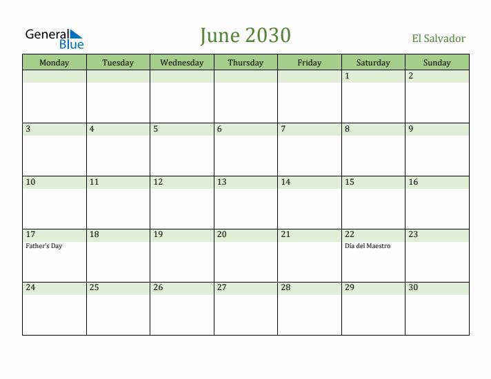 June 2030 Calendar with El Salvador Holidays