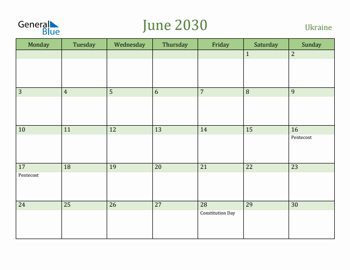 June 2030 Calendar with Ukraine Holidays