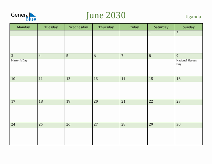 June 2030 Calendar with Uganda Holidays