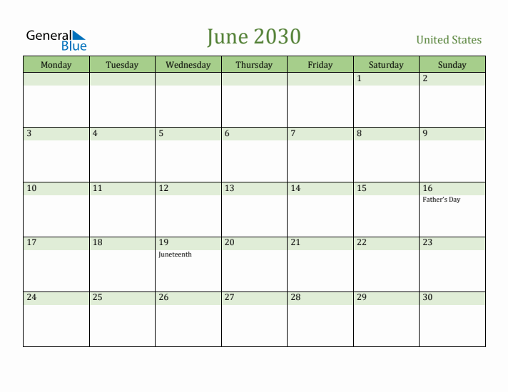 June 2030 Calendar with United States Holidays