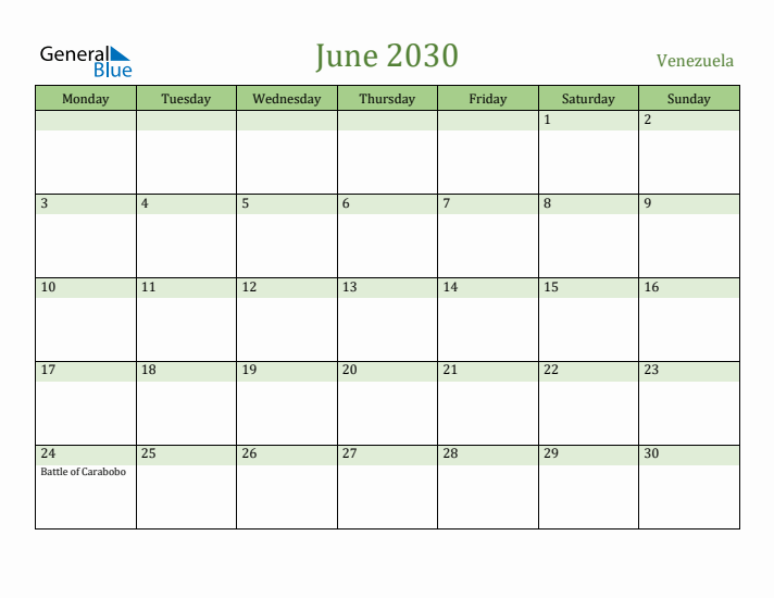June 2030 Calendar with Venezuela Holidays