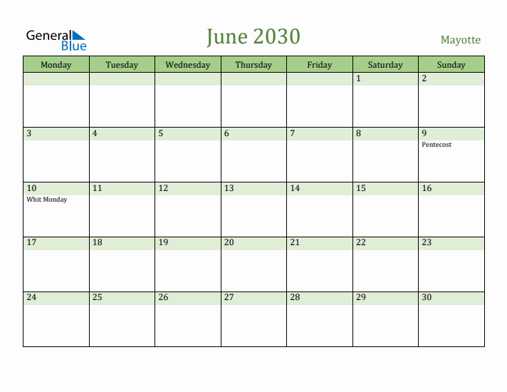 June 2030 Calendar with Mayotte Holidays
