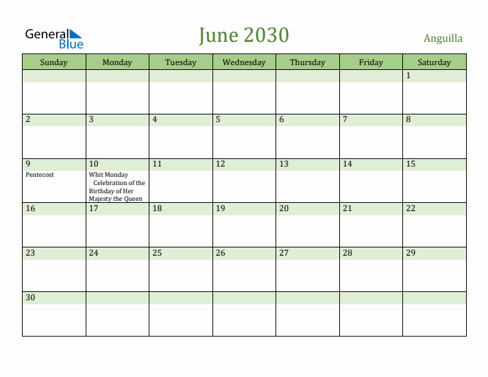 June 2030 Calendar with Anguilla Holidays