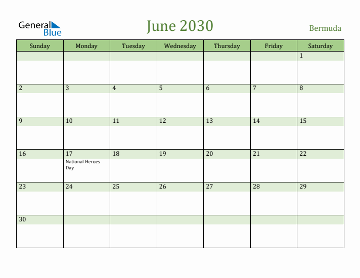 June 2030 Calendar with Bermuda Holidays