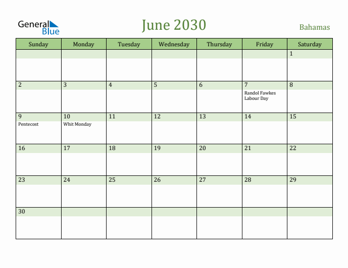 June 2030 Calendar with Bahamas Holidays