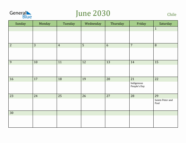 June 2030 Calendar with Chile Holidays