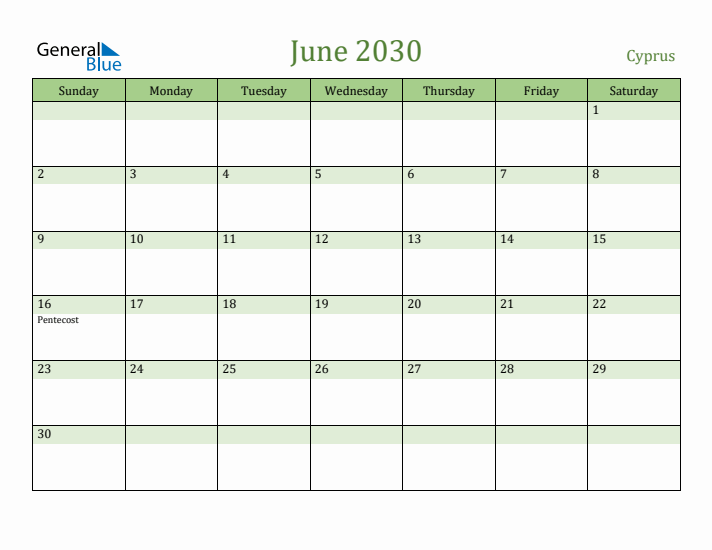 June 2030 Calendar with Cyprus Holidays