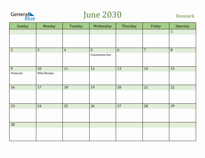 June 2030 Calendar with Denmark Holidays