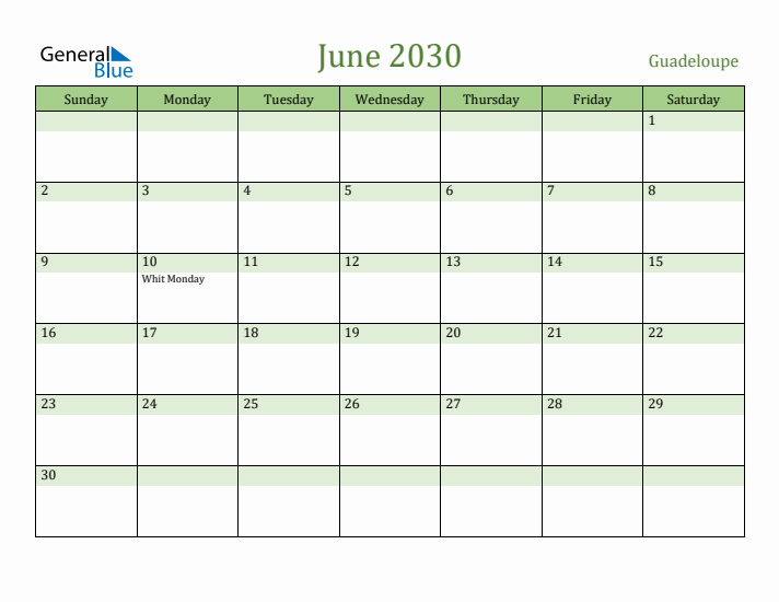 June 2030 Calendar with Guadeloupe Holidays