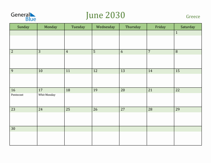 June 2030 Calendar with Greece Holidays