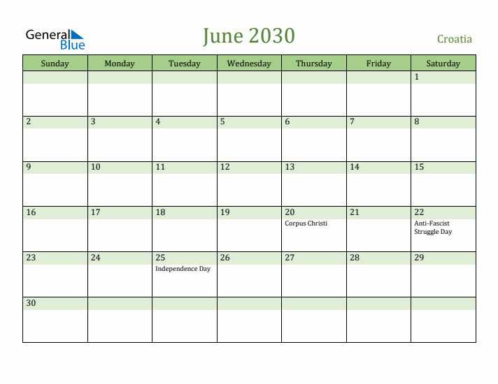 June 2030 Calendar with Croatia Holidays