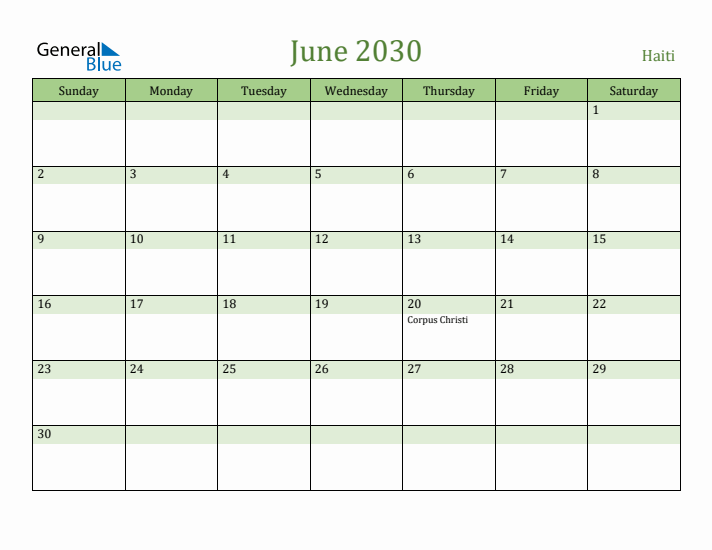 June 2030 Calendar with Haiti Holidays