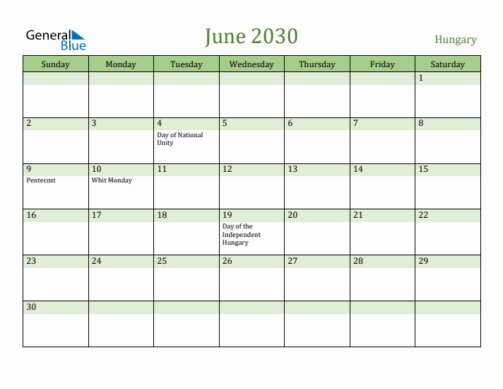 June 2030 Calendar with Hungary Holidays