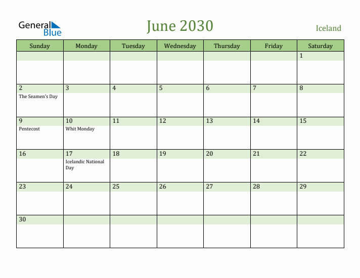 June 2030 Calendar with Iceland Holidays