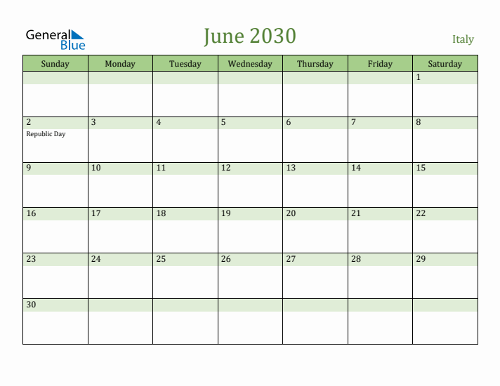 June 2030 Calendar with Italy Holidays